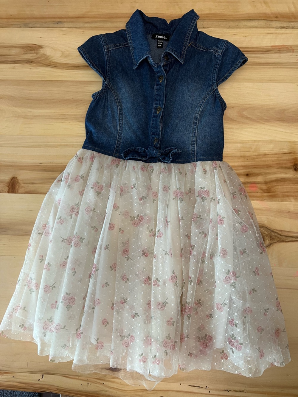 Zunie Denim Bodice with Pink Floral Tulle Skirt
